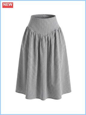 Gingham Midi Skirt High Waisted A-Line Cotton Blend Women's Fall Outfit